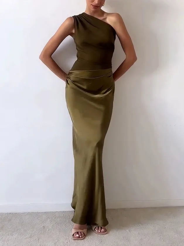 Vestido Mujer Maxi | Escote Asimétrico con Fruncido y Largo al Suelo