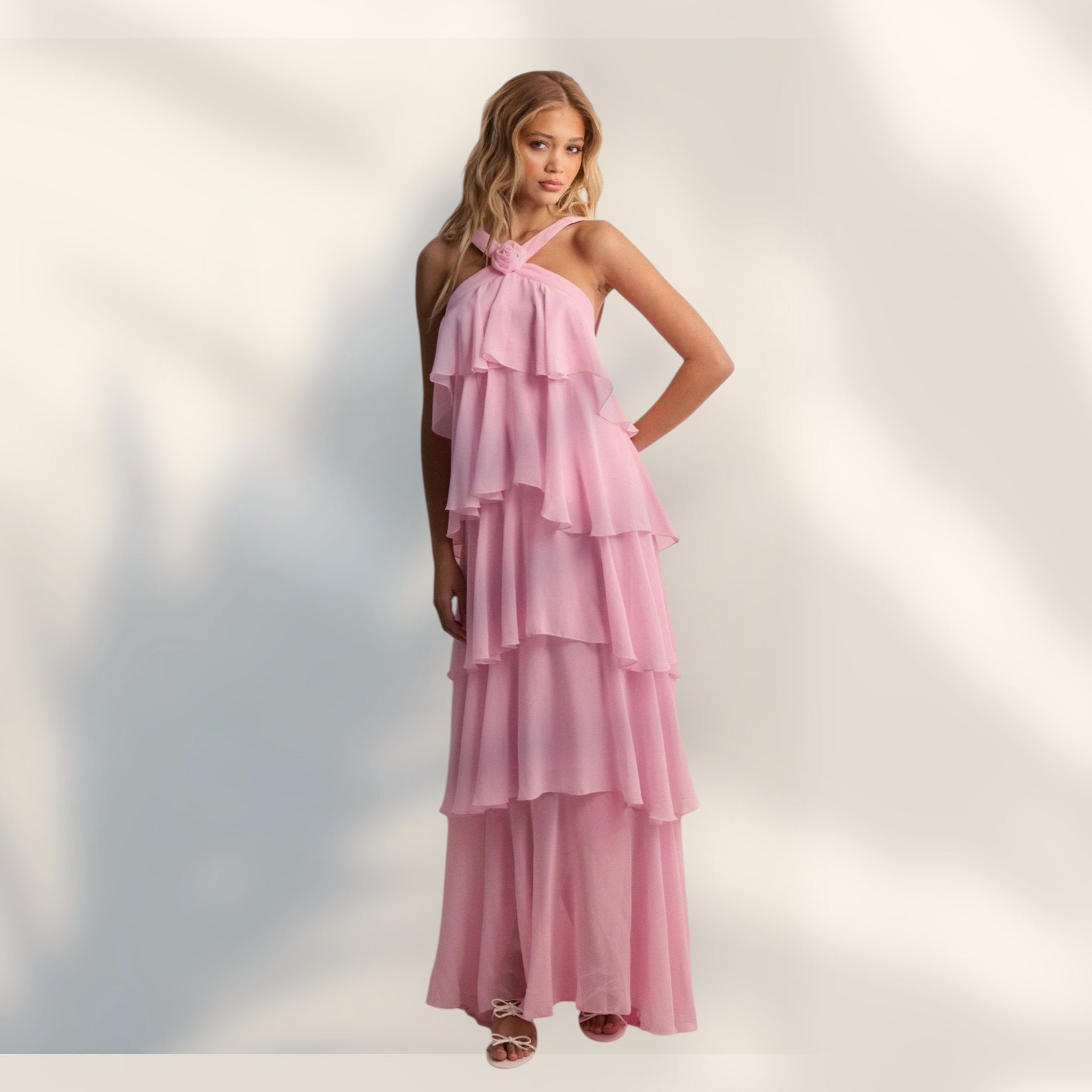 Vestido Maxi Escote Halter | Capas de Volantes Largo Completo