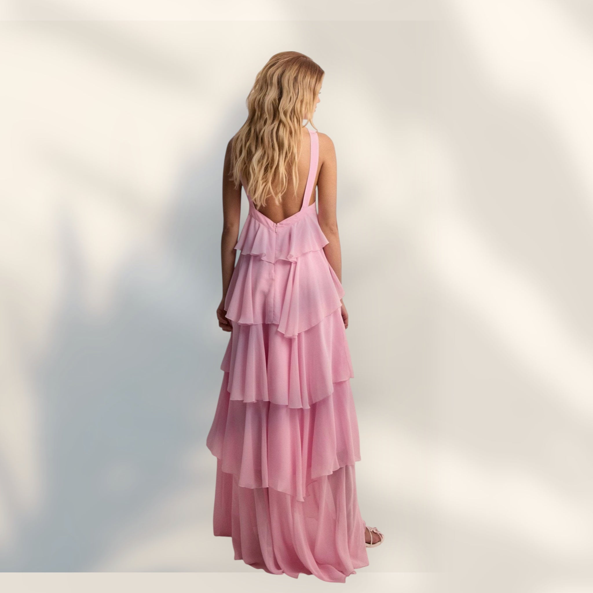 Vestido Maxi Escote Halter | Capas de Volantes Largo Completo