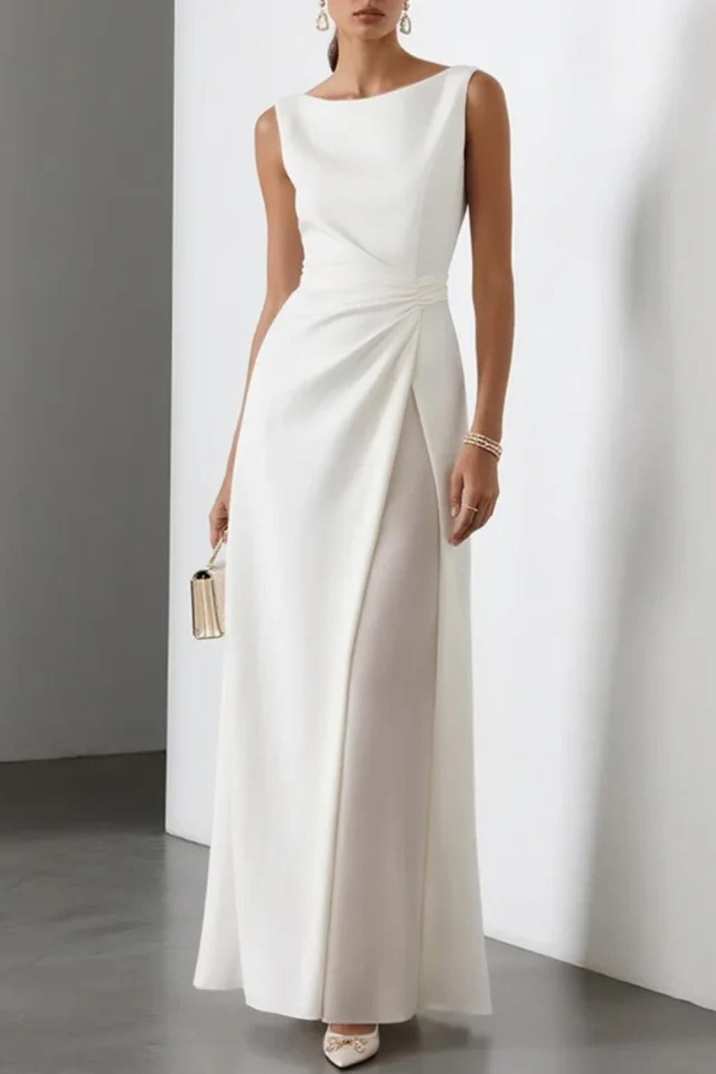 Vestido Mujer Maxi | Cuello Bote y Cintura Drapeada sin Mangas