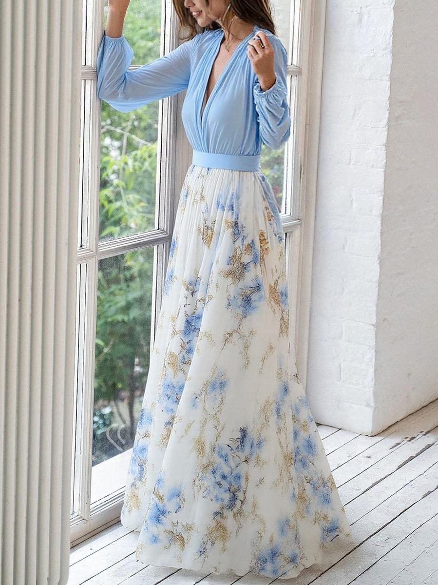 Vestido maxi mujer | floral con manga larga y cintura marcada
