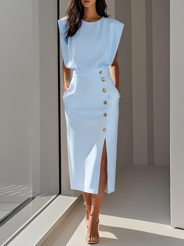 Vestido Mujer Midi | Escote Redondo con Abertura de Botones