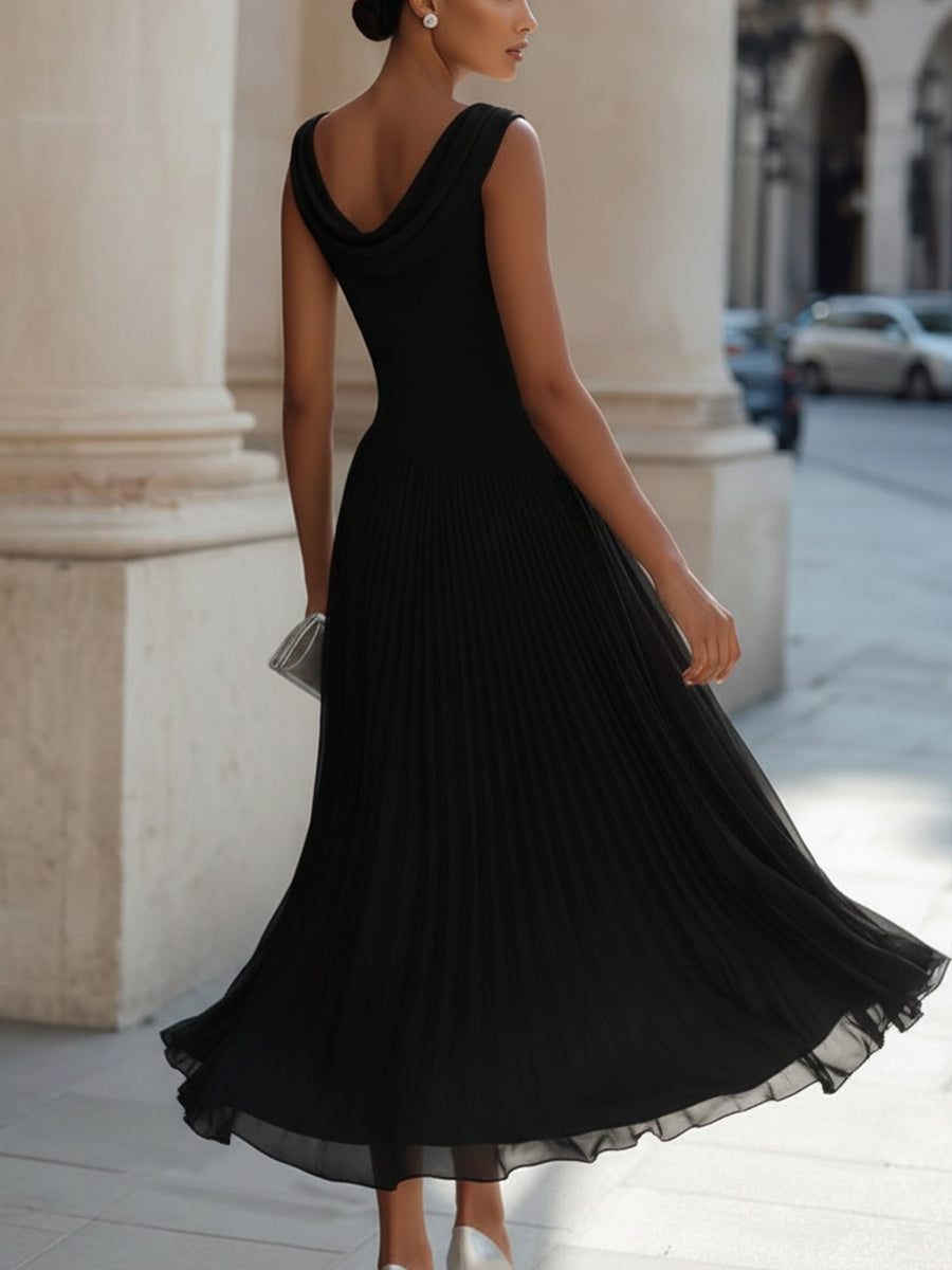 Vestido Mujer | Cuello Drapeado Sin Mangas con Falda Plisada