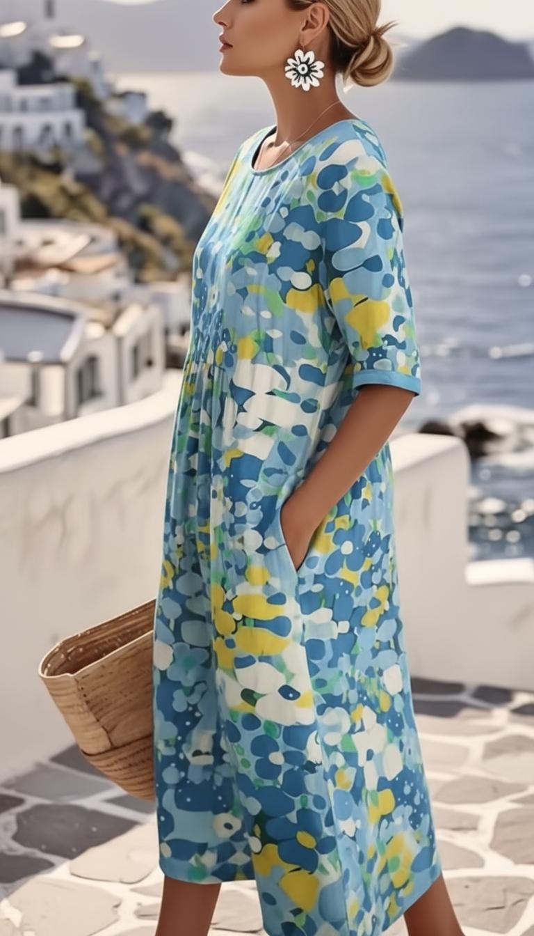 Vestido Mujer Midi | Silueta A-line con mangas cortas y bolsillos