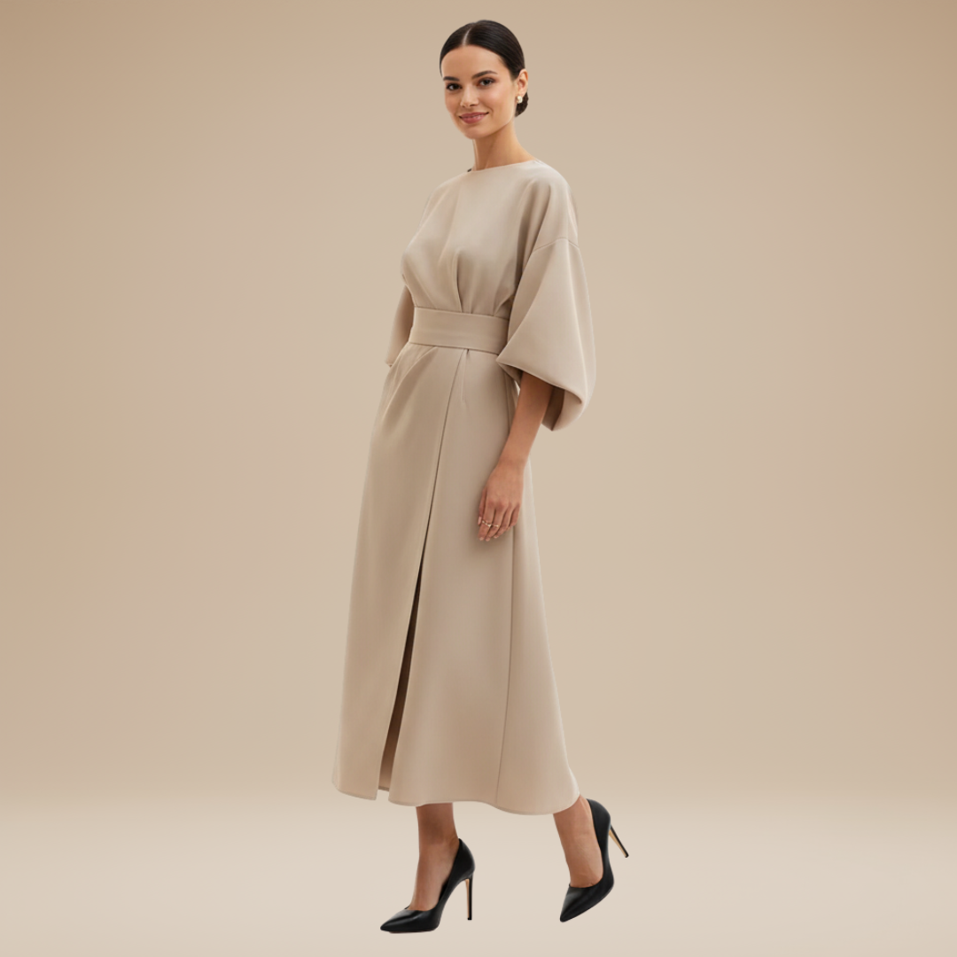 Vestido Mujer | Manga Ancha con Cinturón y Largo Midi