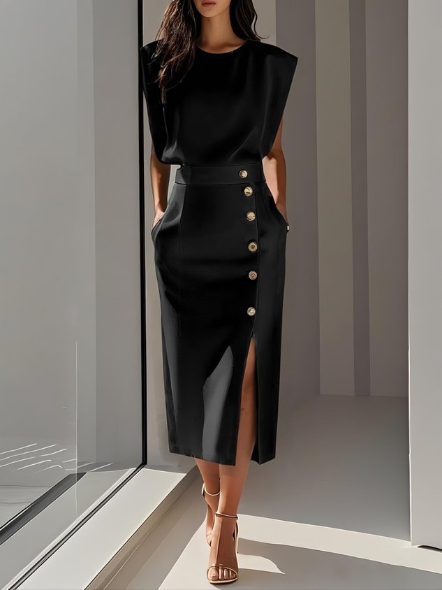 Vestido Mujer Midi | Escote Redondo con Abertura de Botones