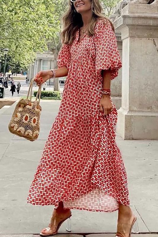 Vestido Mujer Maxi | Manga Abullonada con Escote en V y Vuelo