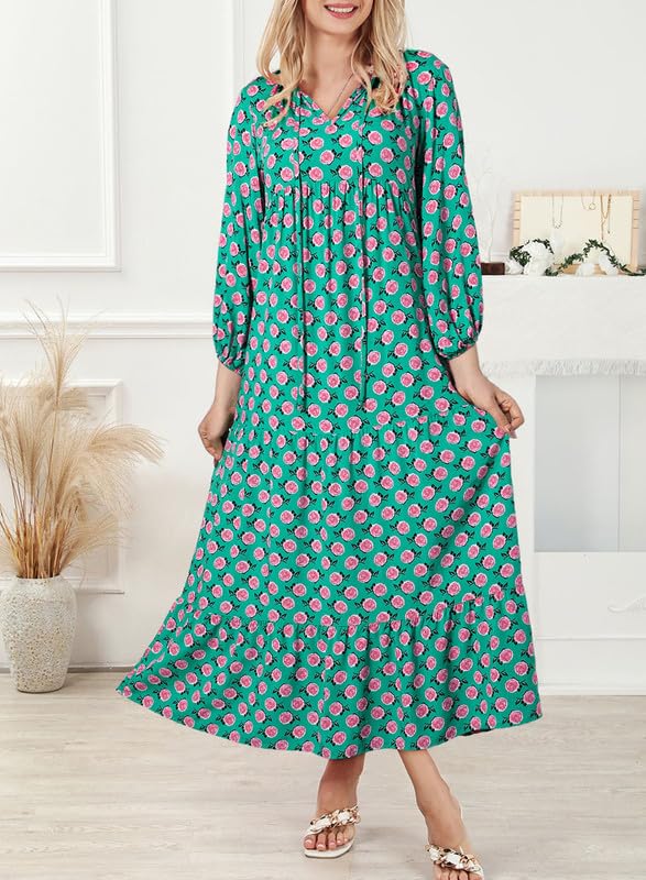 Vestido Mujer Maxi | Manga Abullonada con Escote en V y Vuelo