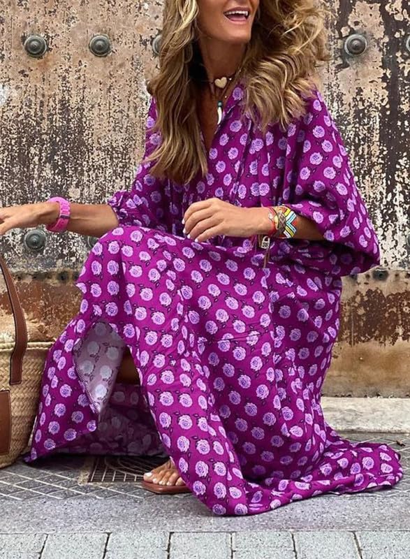 Vestido Mujer Maxi | Manga Abullonada con Escote en V y Vuelo
