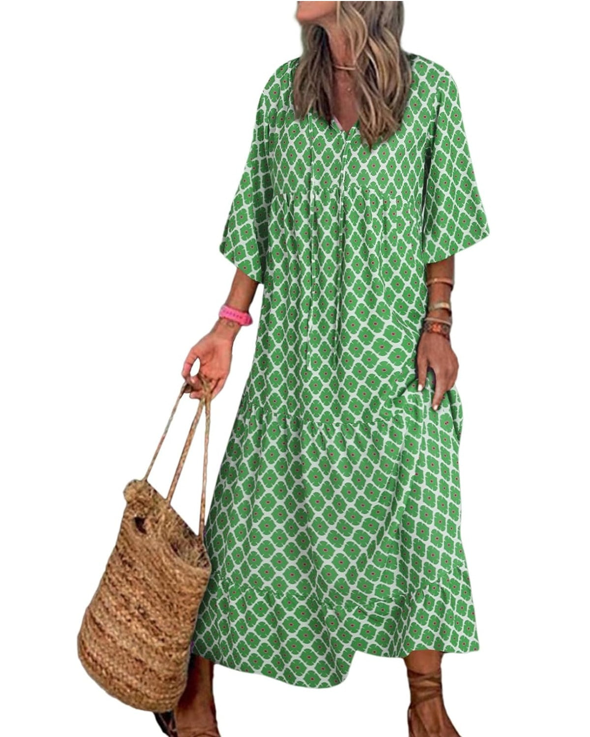 Vestido Mujer Maxi | Manga Abullonada con Escote en V y Vuelo