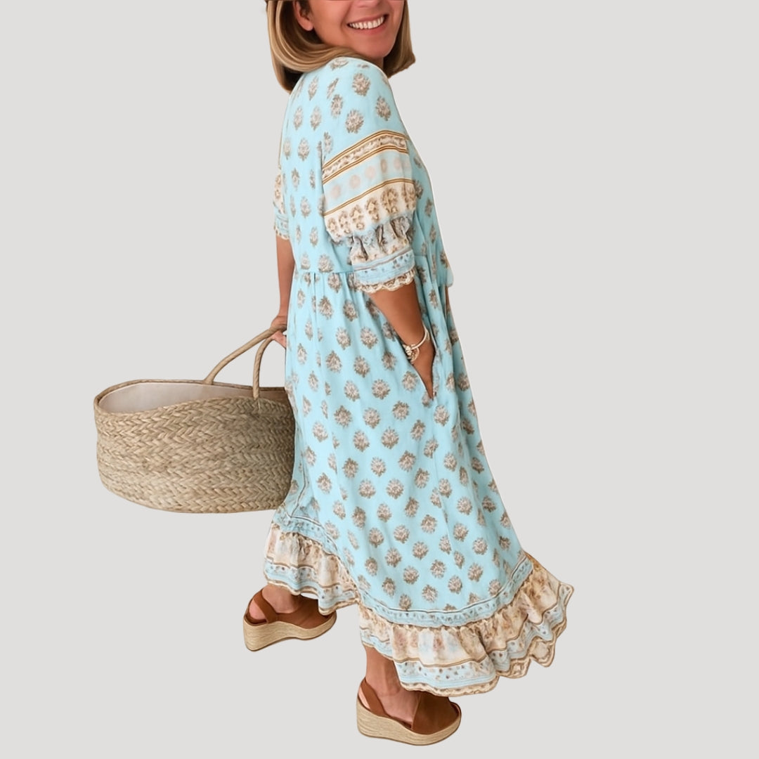 Vestido Mujer | largo midi con escote en V y bolsillos