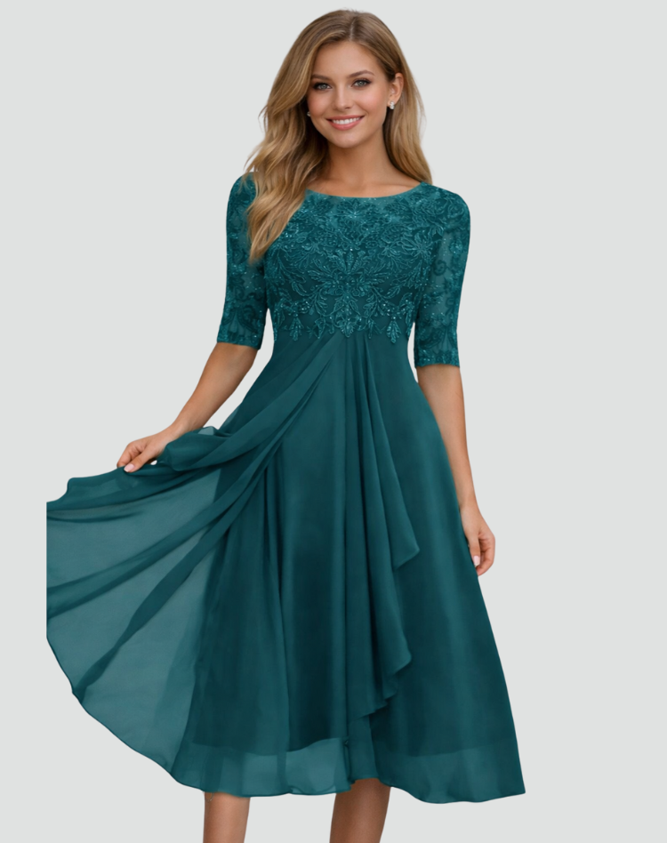 Vestido Mujer Midi | Parte Superior de Encaje y Manga Tres Cuartos