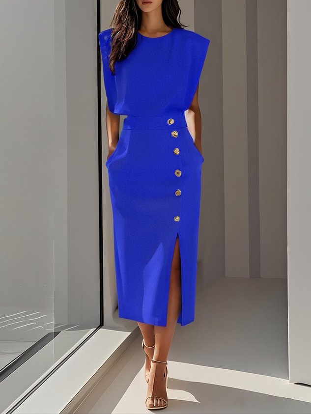 Vestido Mujer Midi | Escote Redondo con Abertura de Botones
