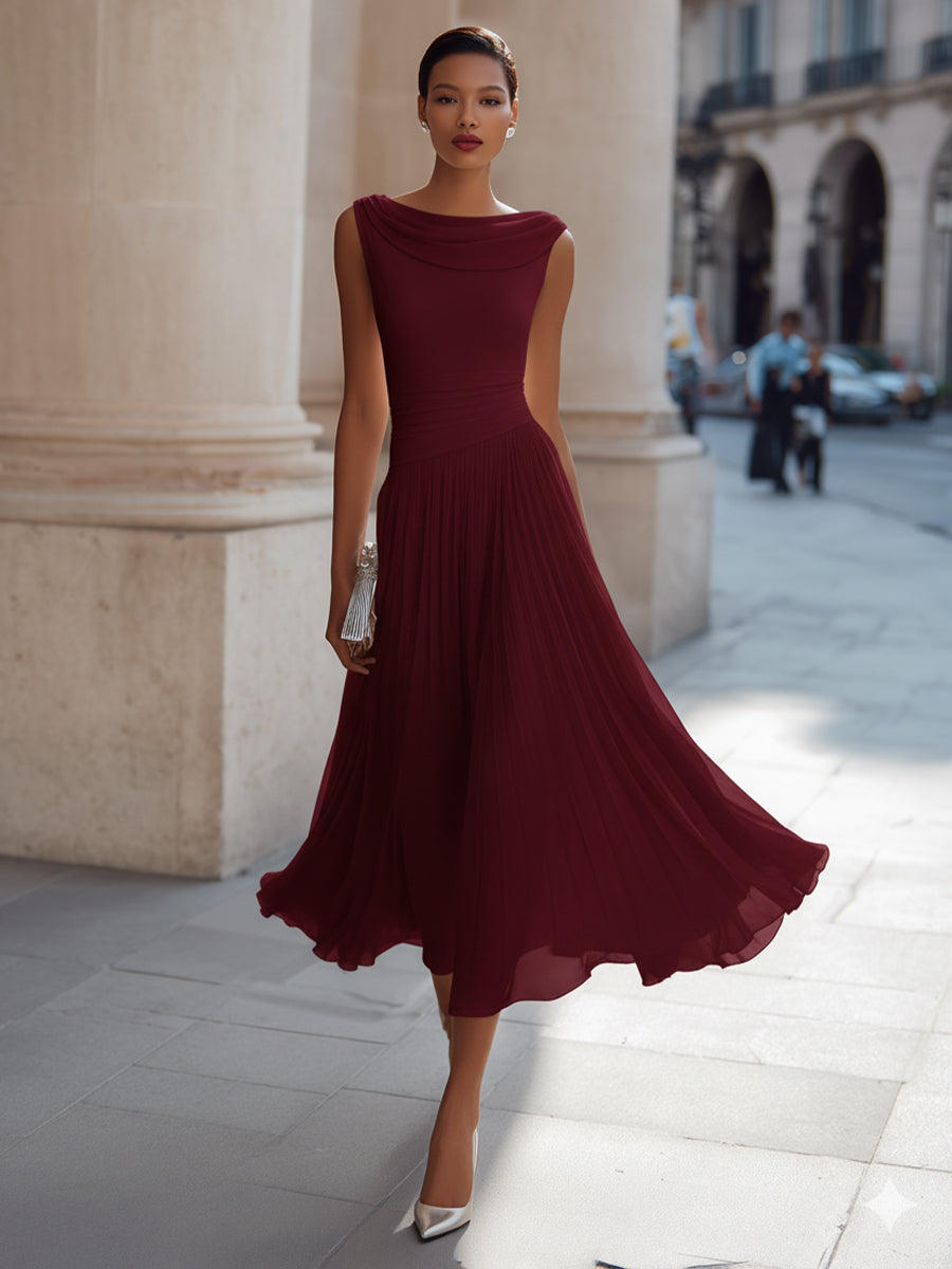 Vestido Mujer | Cuello Drapeado Sin Mangas con Falda Plisada