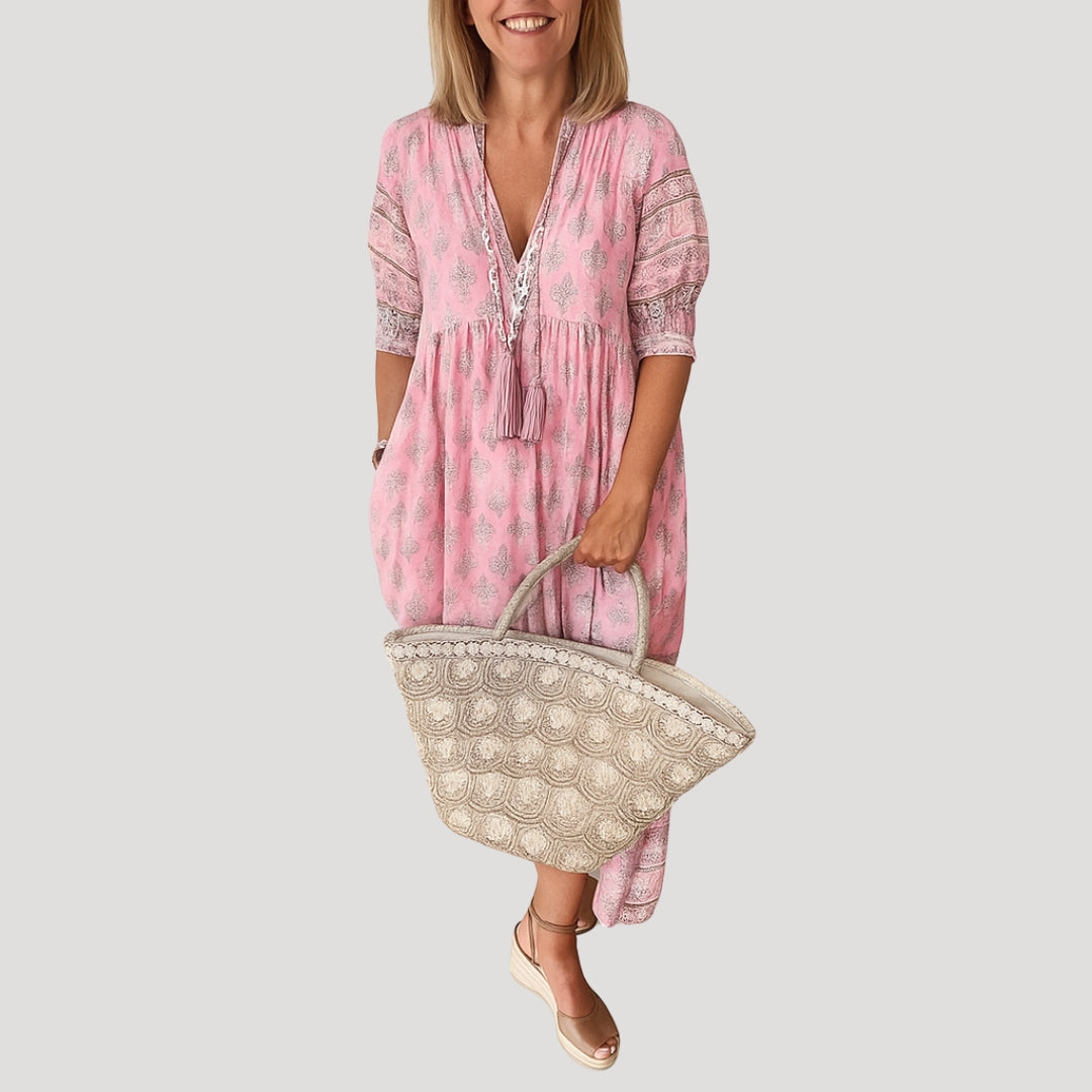 Vestido Mujer | largo midi con escote en V y bolsillos