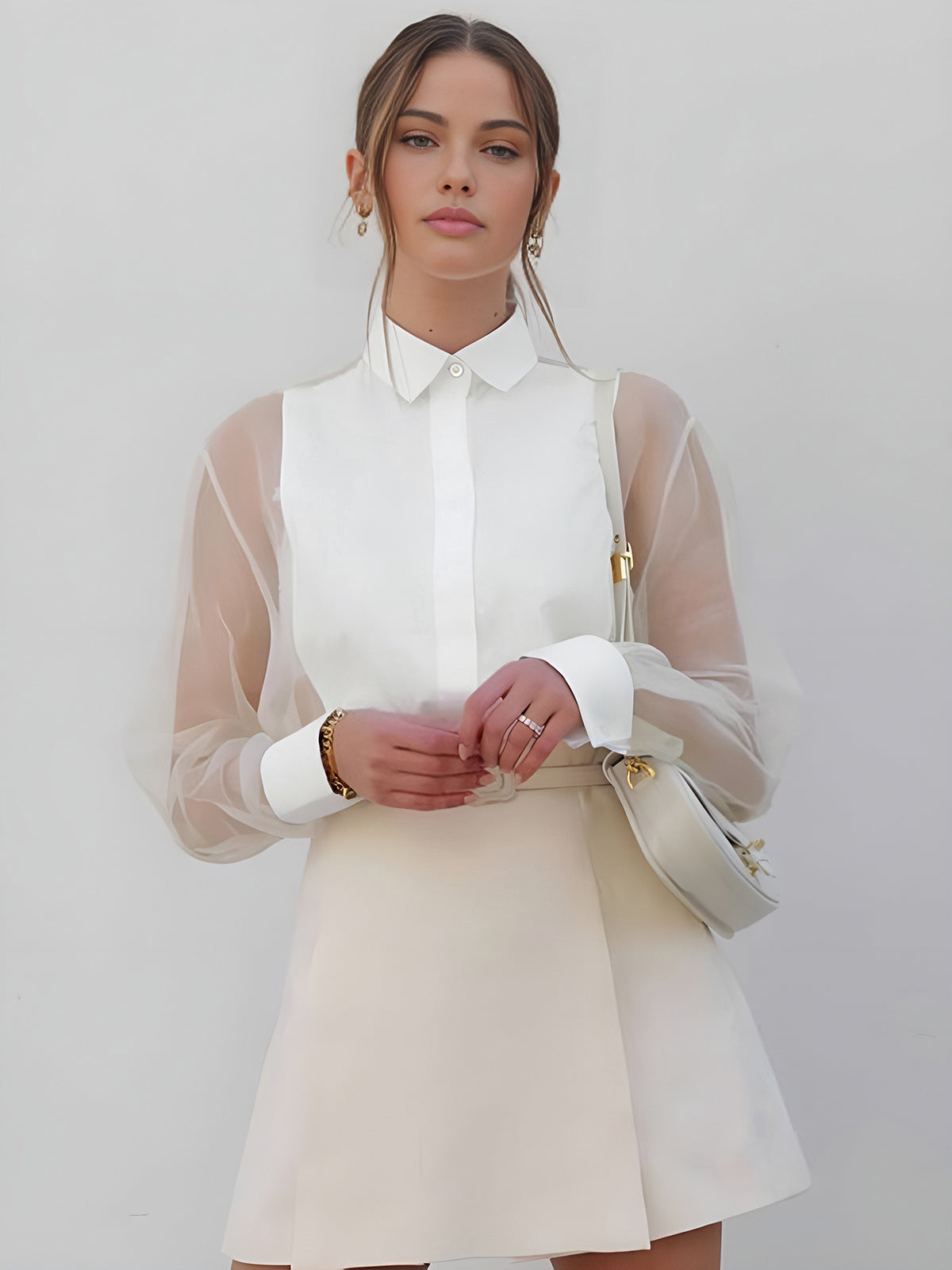 Blusa mujer con cuello clásico | mangas largas transparentes y botones