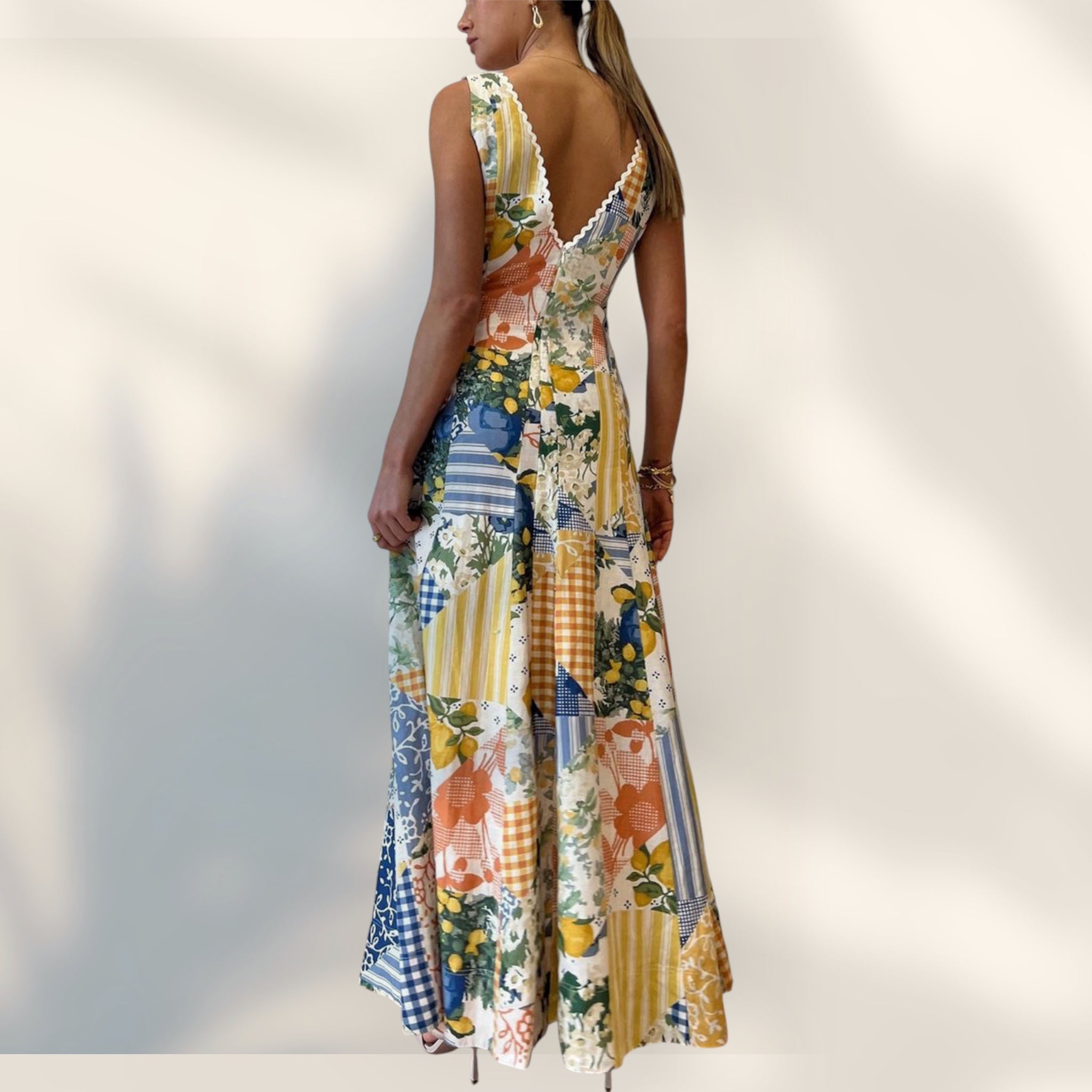 Vestido Maxi Escote en V | Diseño de Parches Multipatrón Silueta Fluida