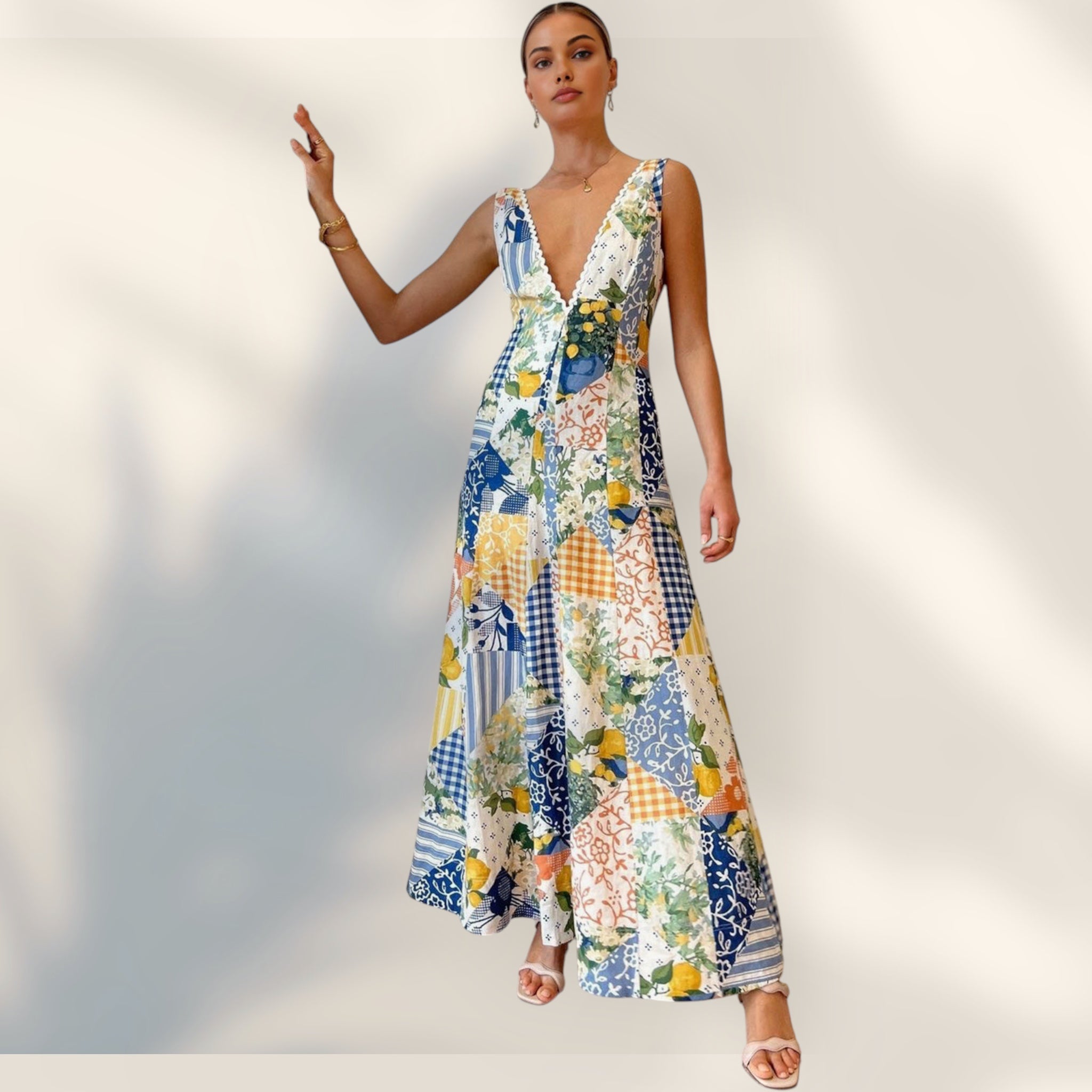 Vestido Maxi Escote en V | Diseño de Parches Multipatrón Silueta Fluida