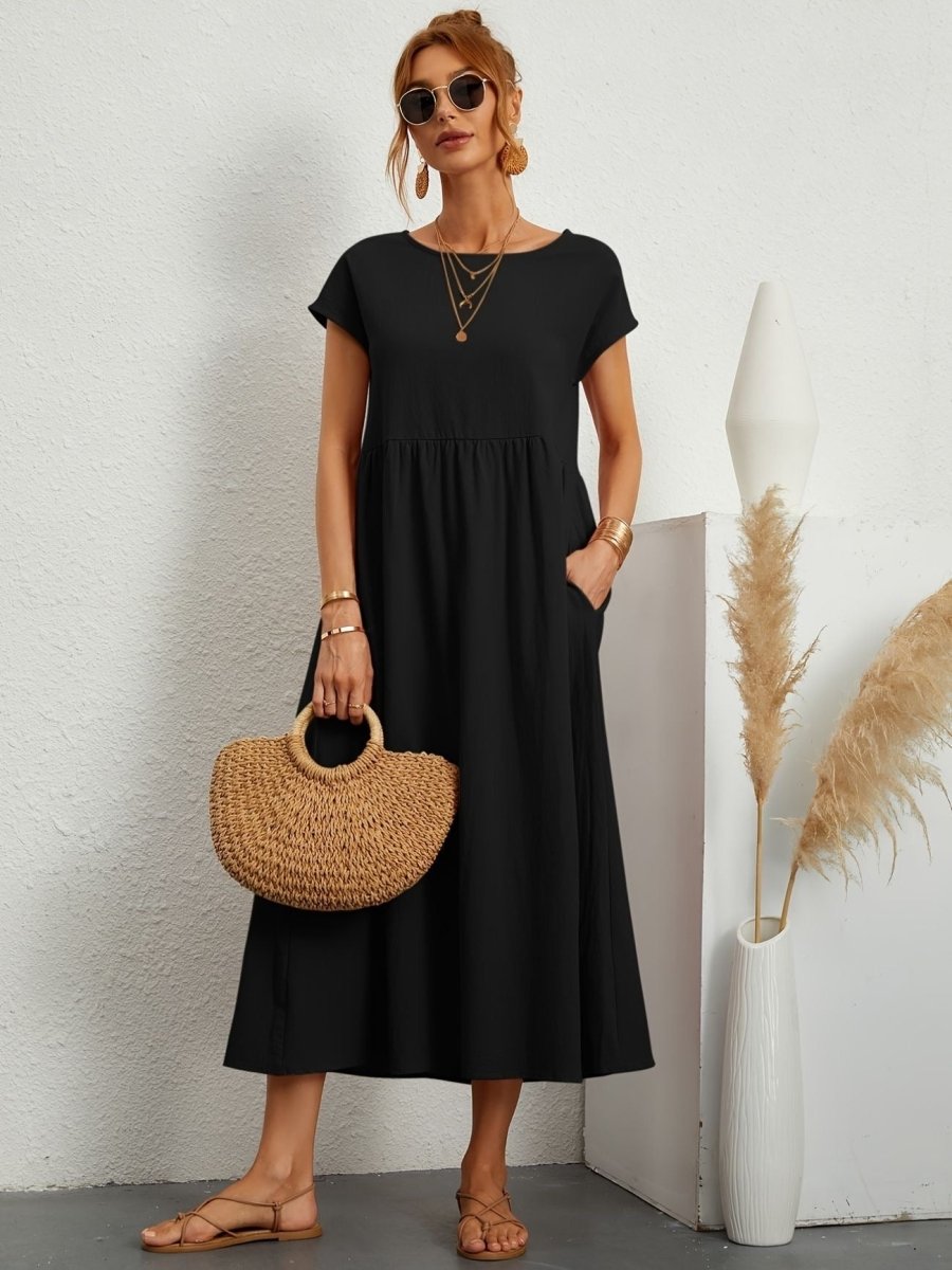 Vestido mujer | cuello redondo con manga corta y falda amplia