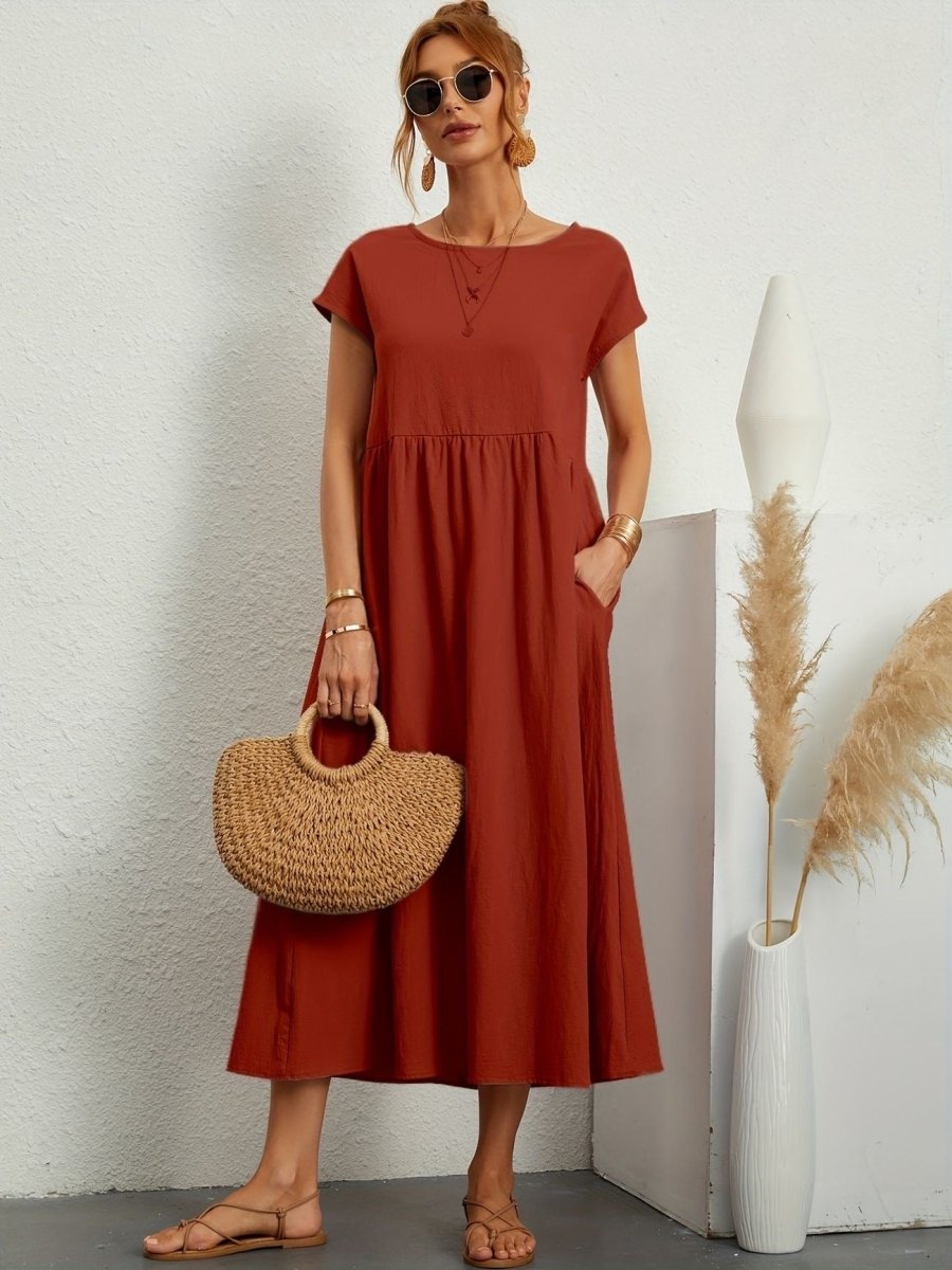 Vestido mujer | cuello redondo con manga corta y falda amplia