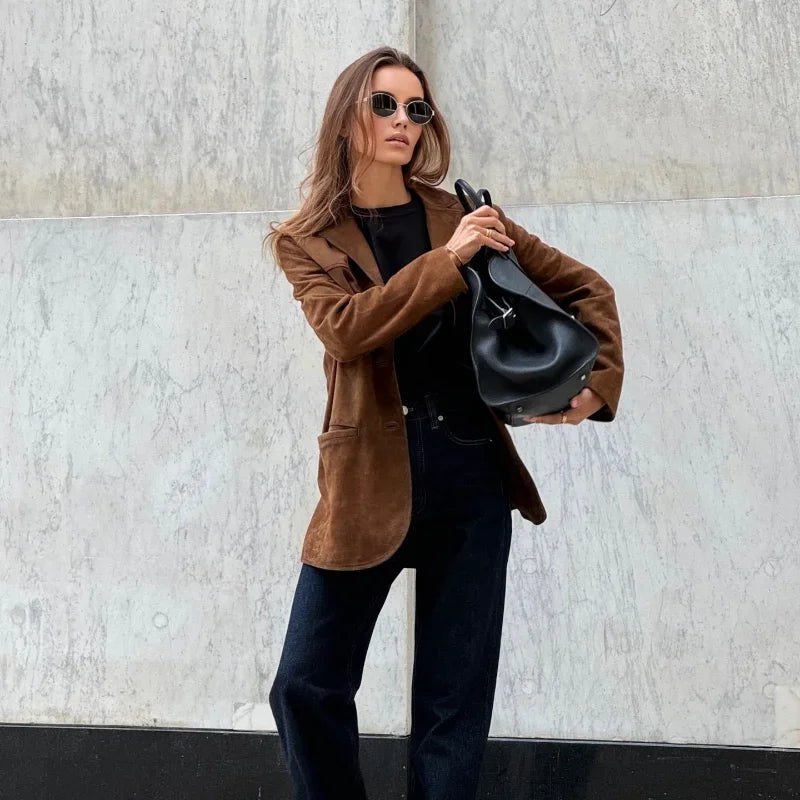 Blazer mujer | diseño largo con solapa y cierre frontal