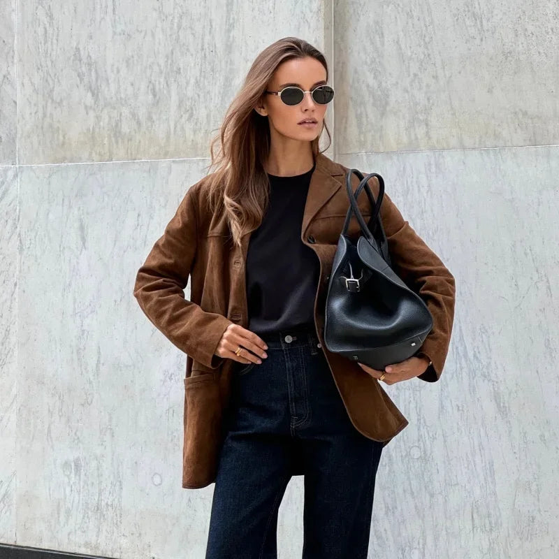 Blazer mujer | diseño largo con solapa y cierre frontal
