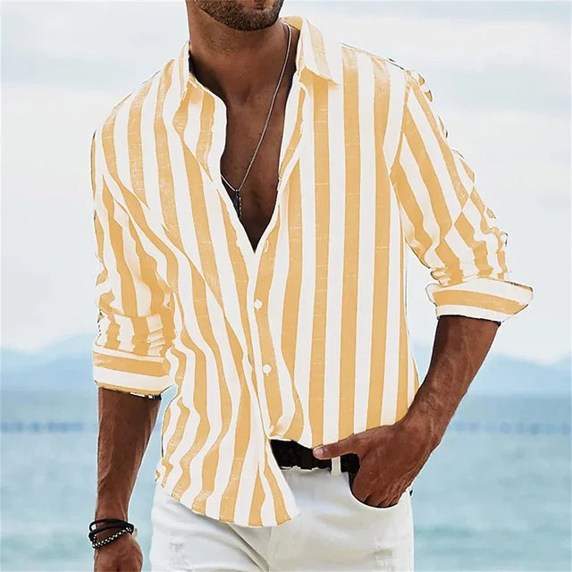 Camisa hombre | rayas verticales con cuello abierto y botones