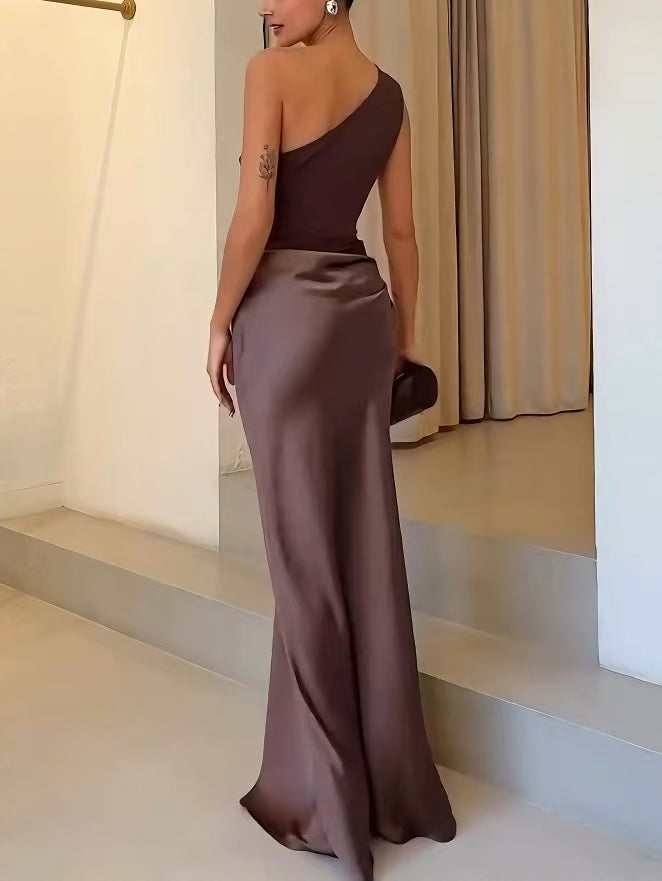 Vestido Mujer Maxi | Escote Asimétrico con Fruncido y Largo al Suelo