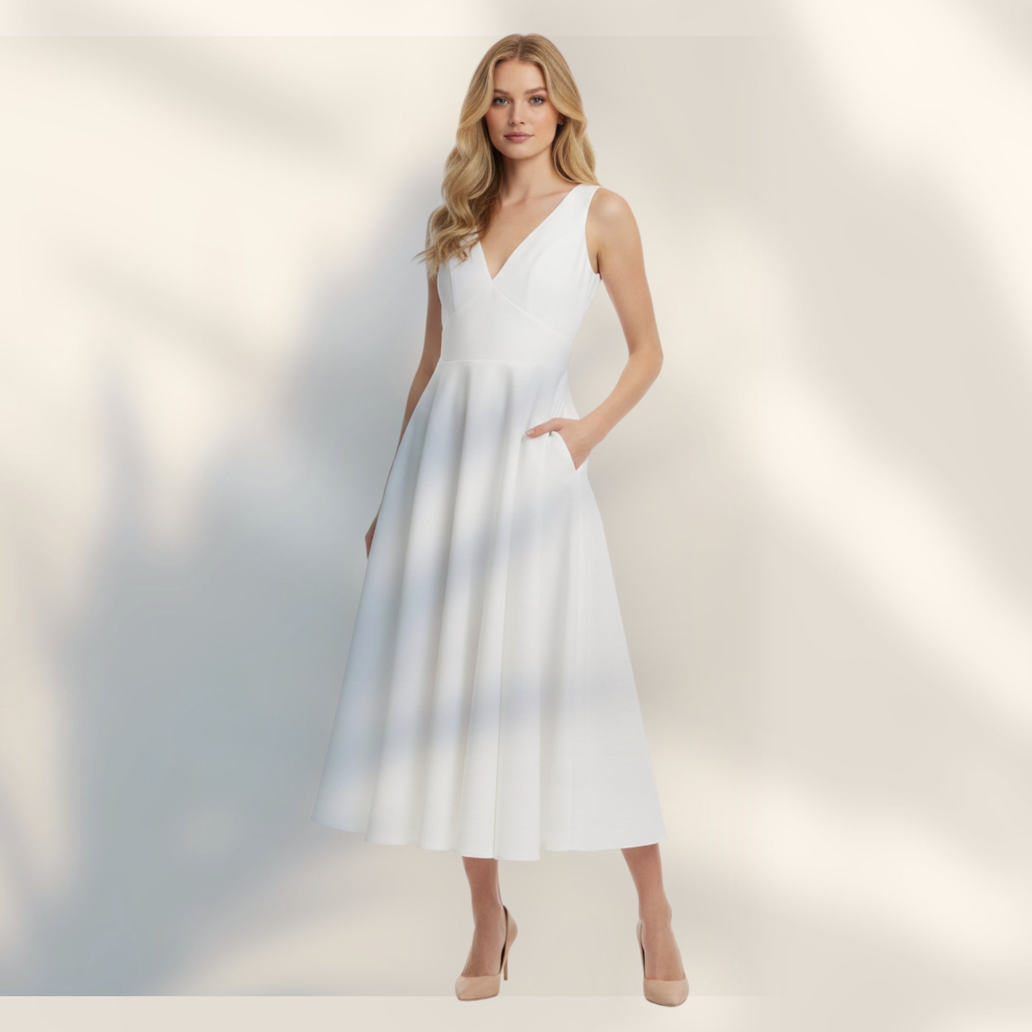 Vestido Midi Línea A Con Bolsillos | Escote en V Sin Mangas