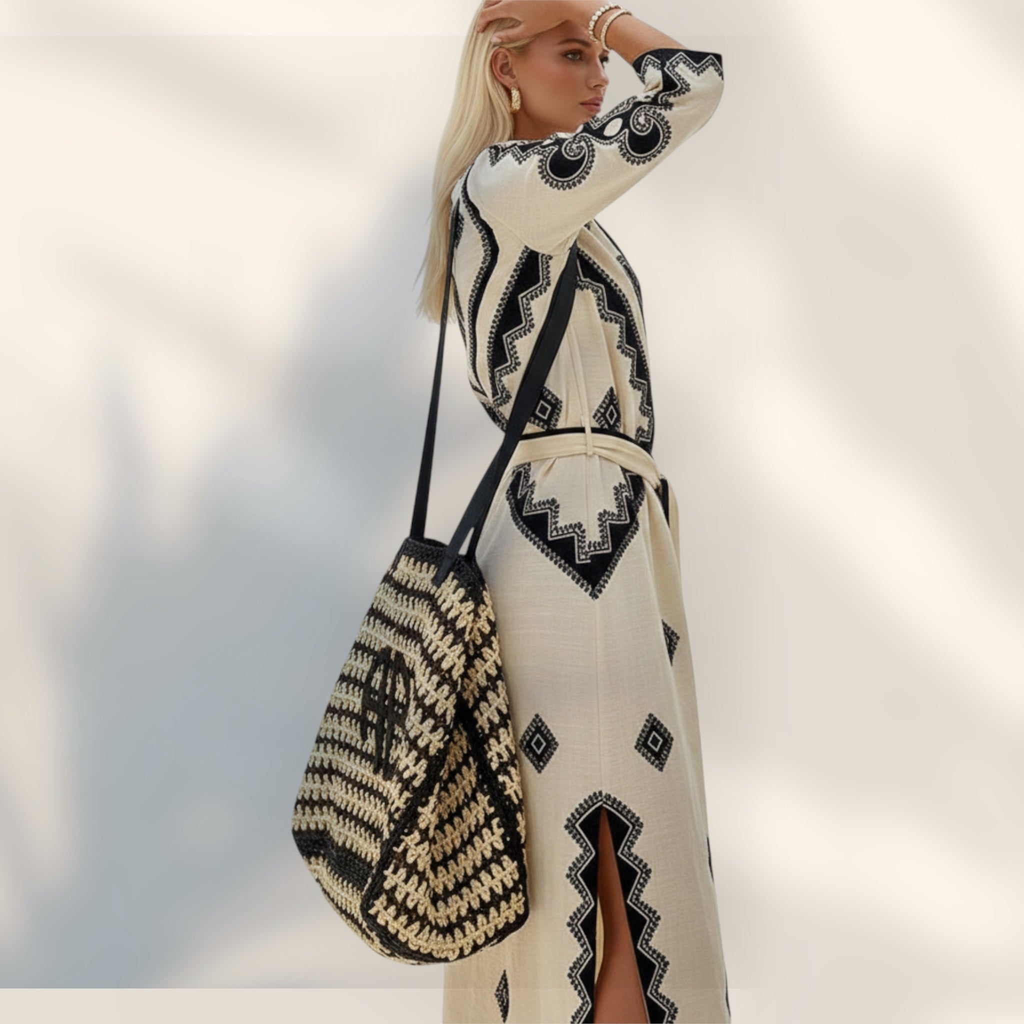 Vestido Kaftan Escote en V | Bordados Geométricos Manga Tres Cuartos