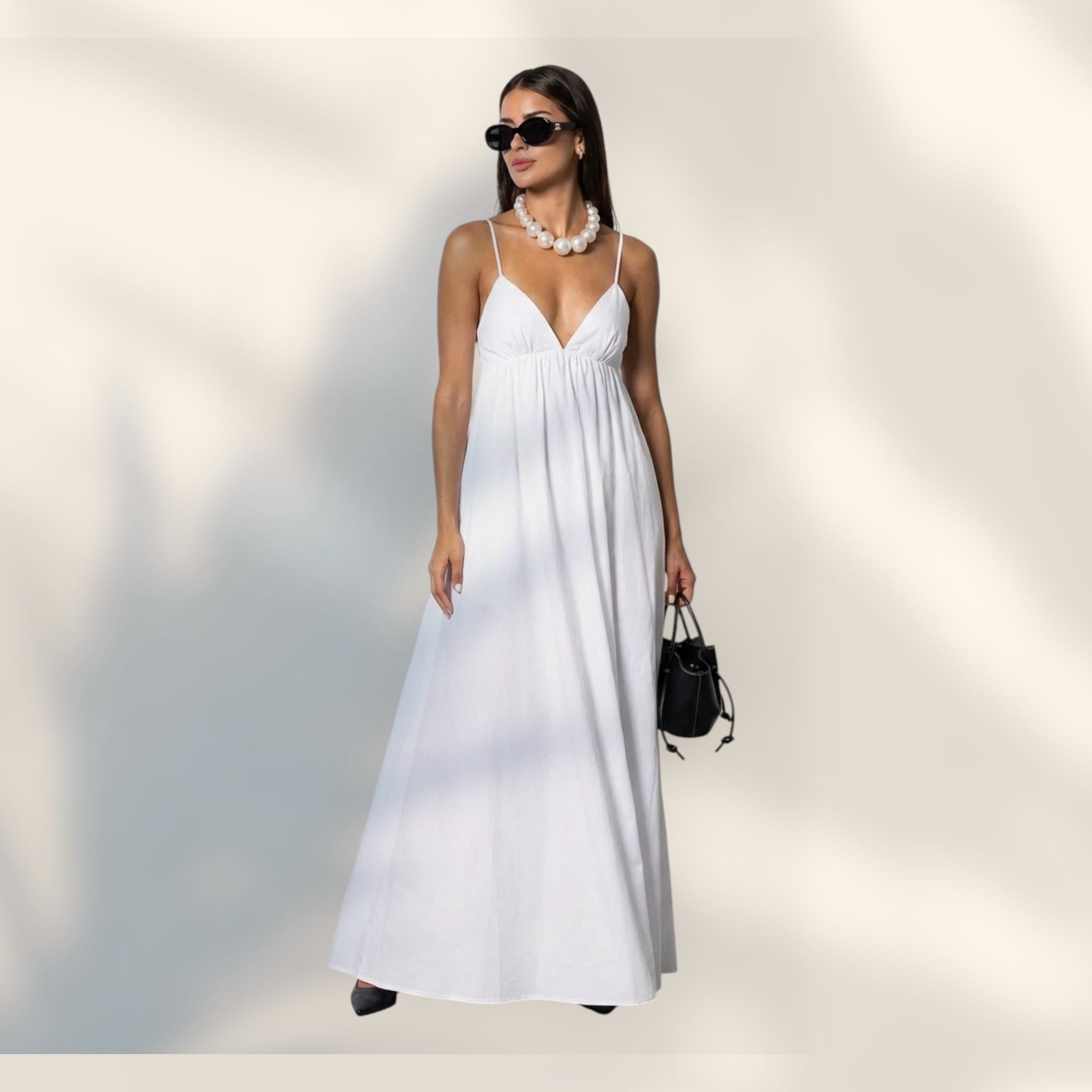 Vestido Midi Tirantes Finos | Escote en V Silueta Amplia Largo Pantorrilla