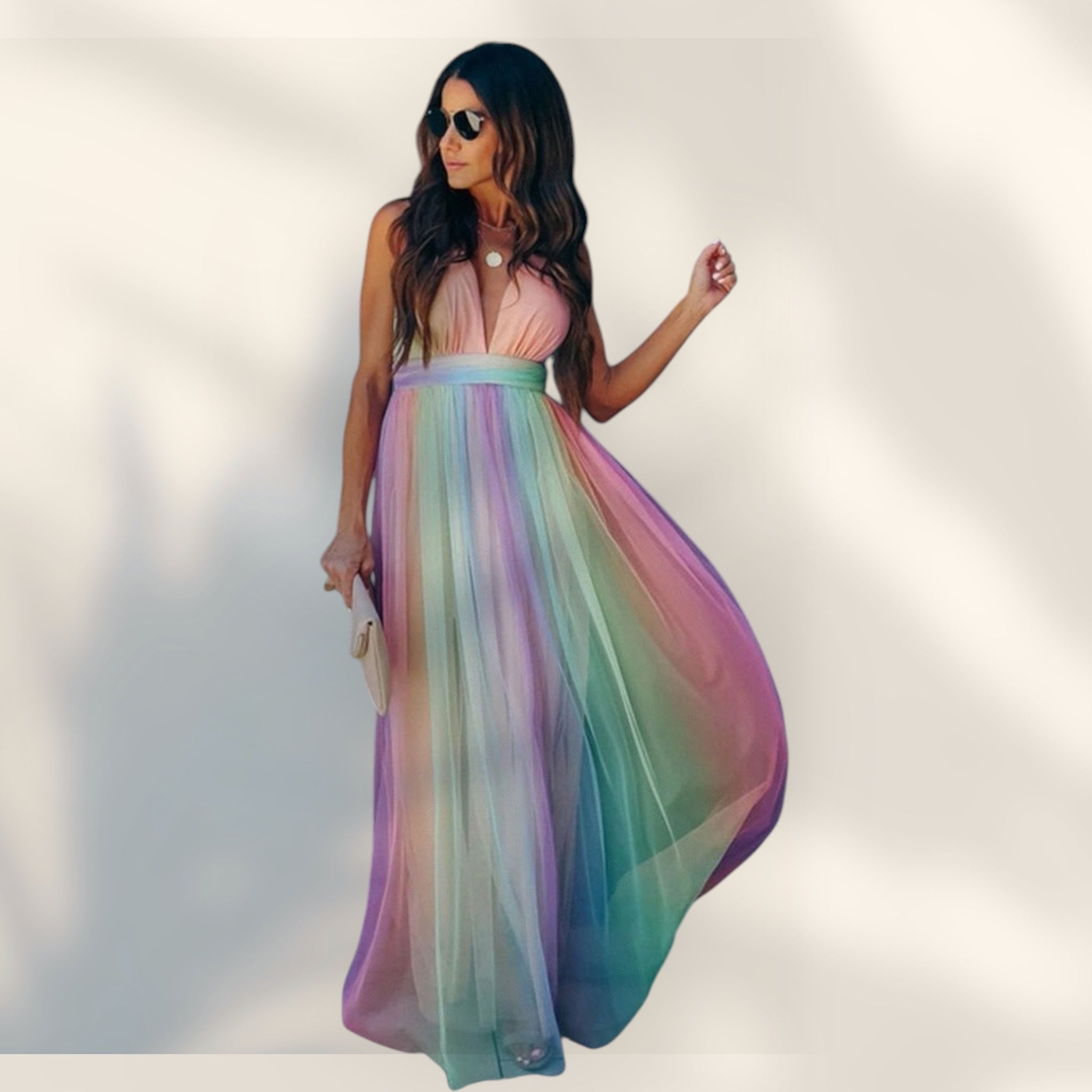 Vestido Maxi Escote Halter con V Profundo | Silueta Amplia Sin Mangas