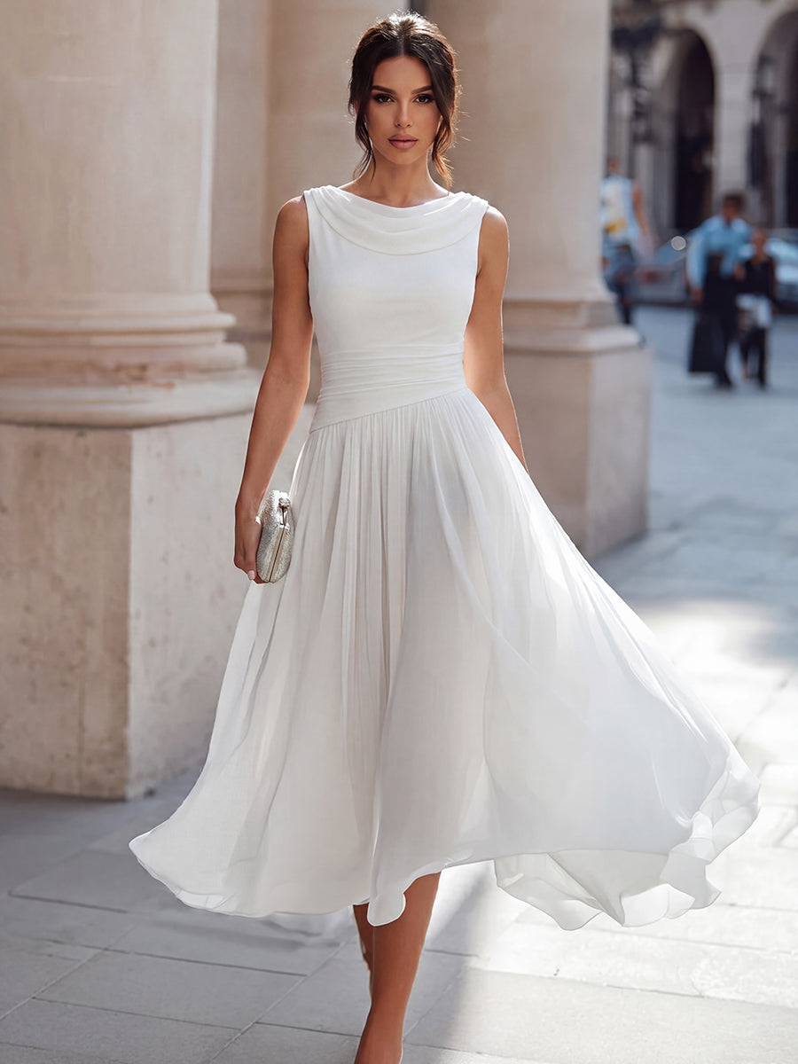 Vestido Mujer | Cuello Drapeado Sin Mangas con Falda Plisada