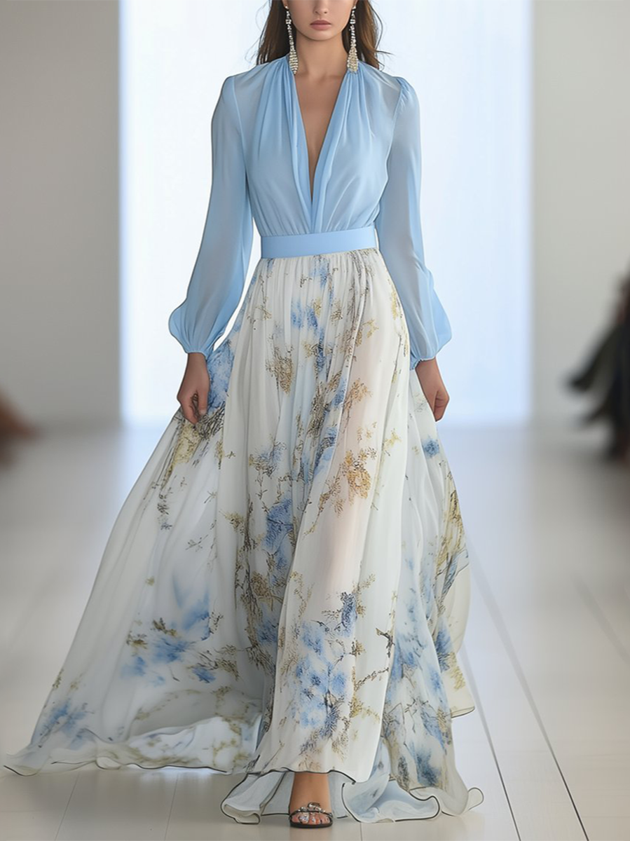 Vestido maxi mujer | floral con manga larga y cintura marcada
