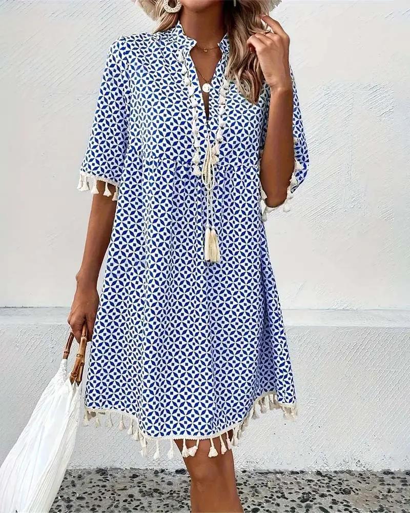 Vestido Mujer Mini | Cuello en V con flecos y estampado geométrico