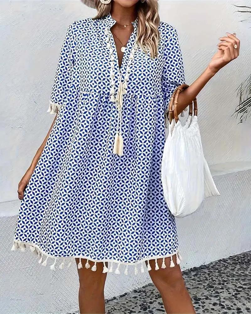 Vestido Mujer Mini | Cuello en V con flecos y estampado geométrico