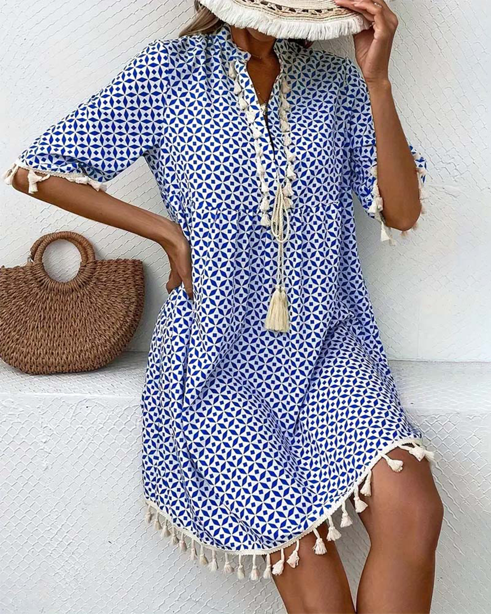 Vestido Mujer Mini | Cuello en V con flecos y estampado geométrico
