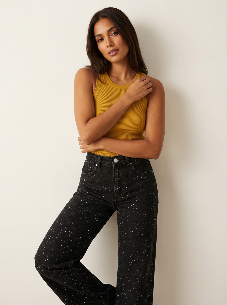 Jeans Mujer | Corte Recto con Cintura Alta y Detalles Brillantes