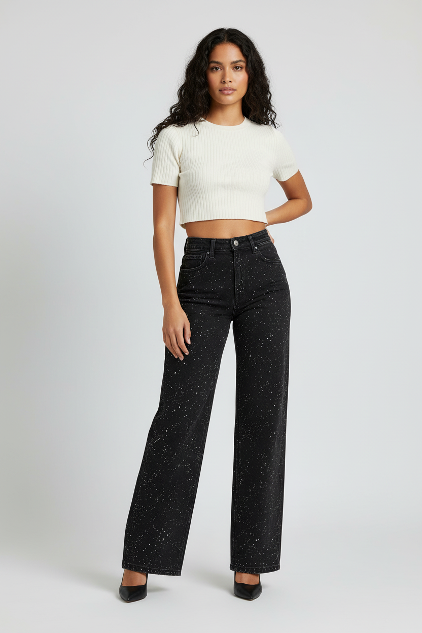 Jeans Mujer | Corte Recto con Cintura Alta y Detalles Brillantes