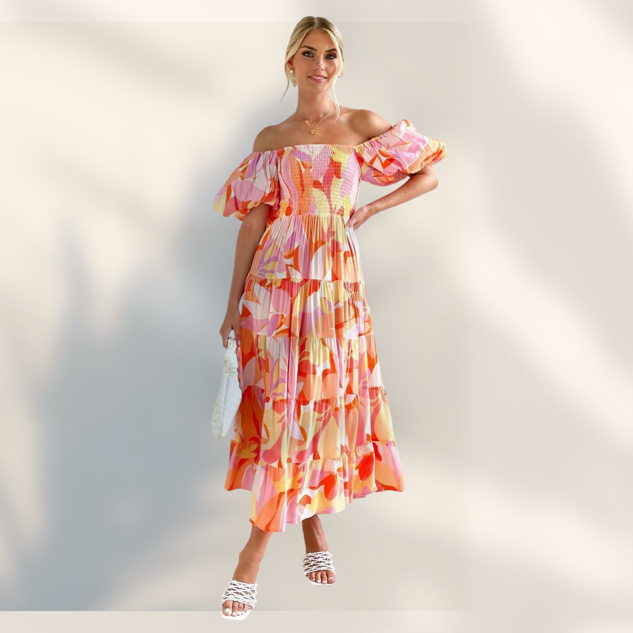 Vestido Midi Hombros Descubiertos | Cuerpo Fruncido Mangas Abullonadas