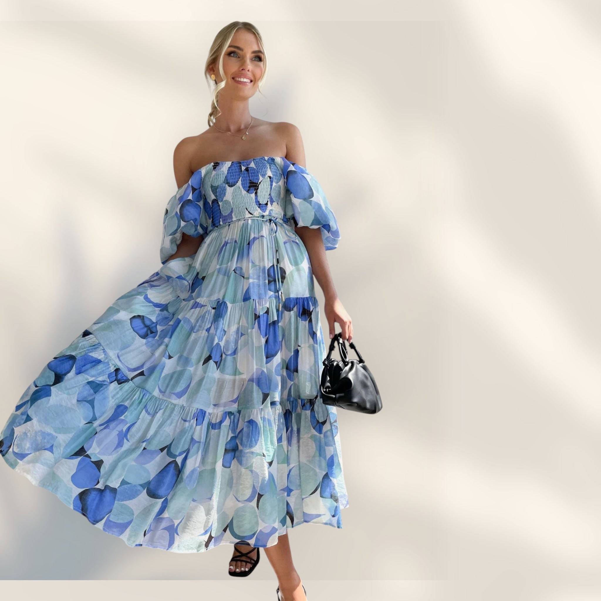 Vestido Midi Hombros Descubiertos | Cuerpo Fruncido Mangas Abullonadas