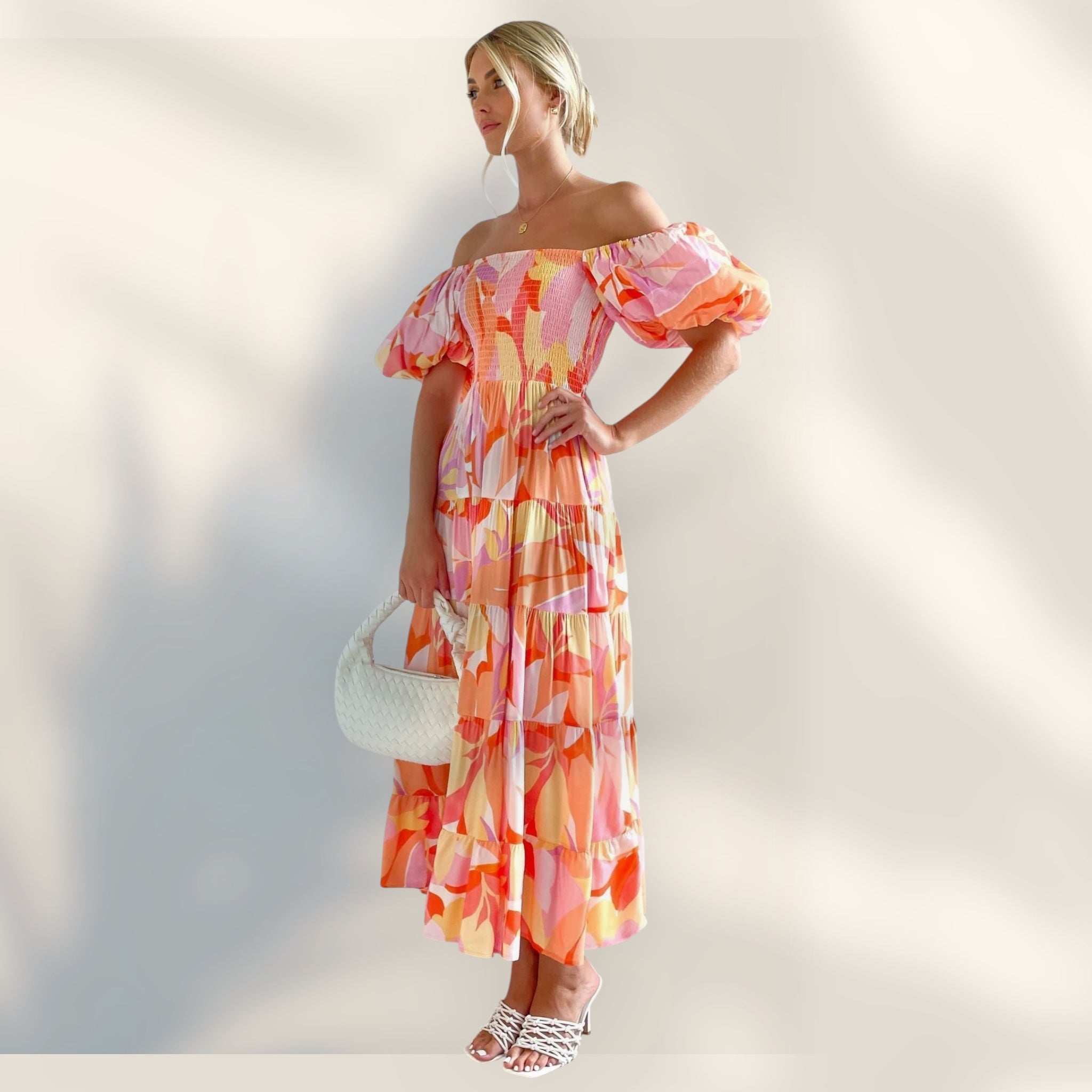 Vestido Midi Hombros Descubiertos | Cuerpo Fruncido Mangas Abullonadas