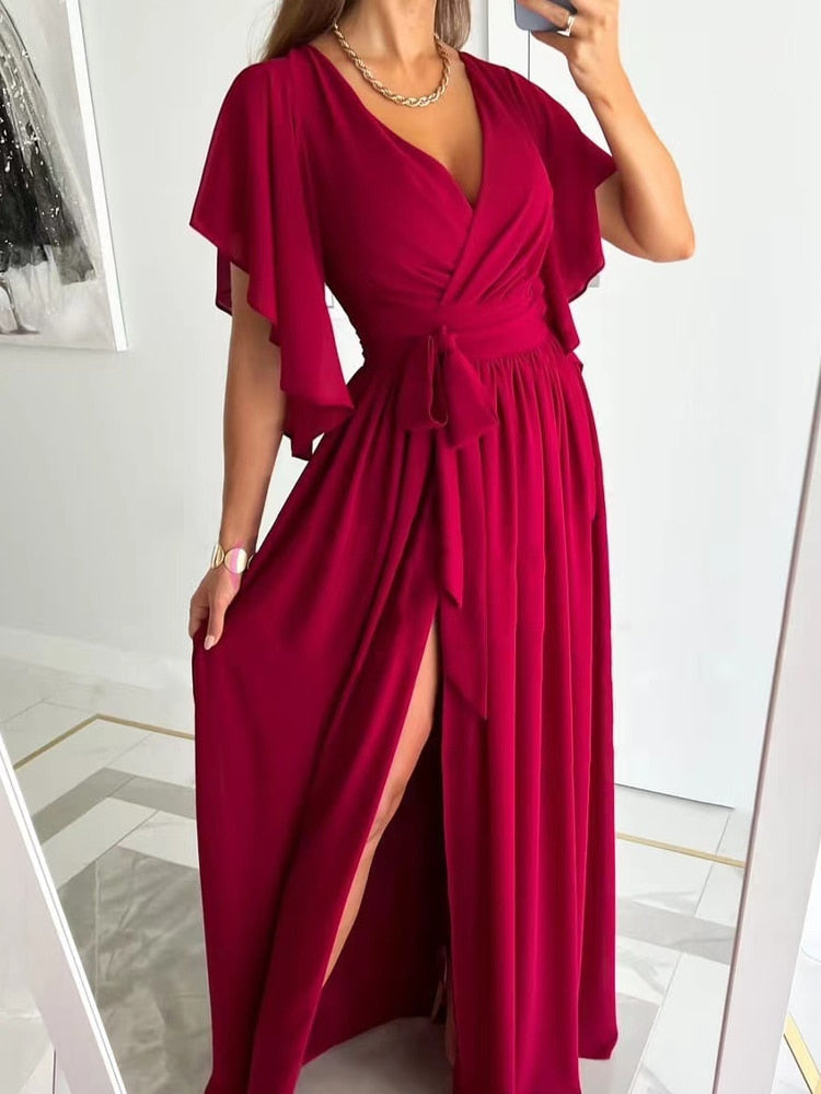 Vestido mujer | escote cruzado con abertura lateral y largo maxi