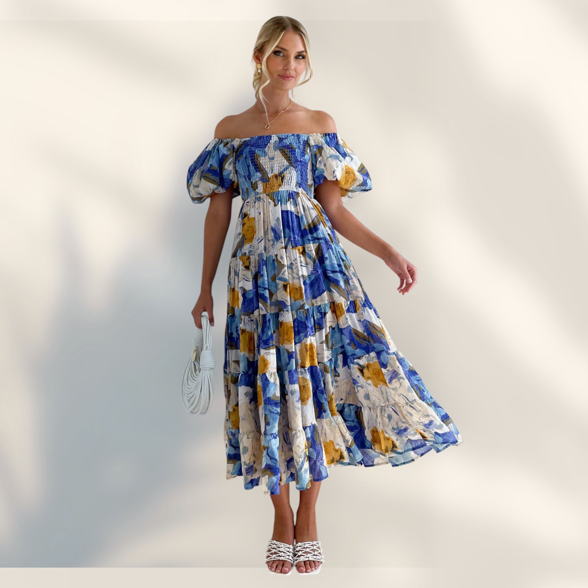 Vestido Midi Hombros Descubiertos | Cuerpo Fruncido Mangas Abullonadas