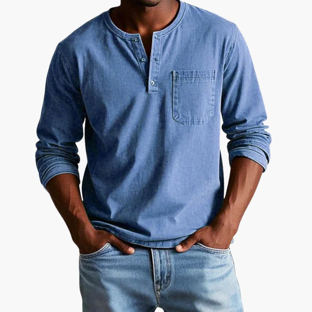 Camiseta hombre | manga larga con cuello redondo y bolsillo frontal