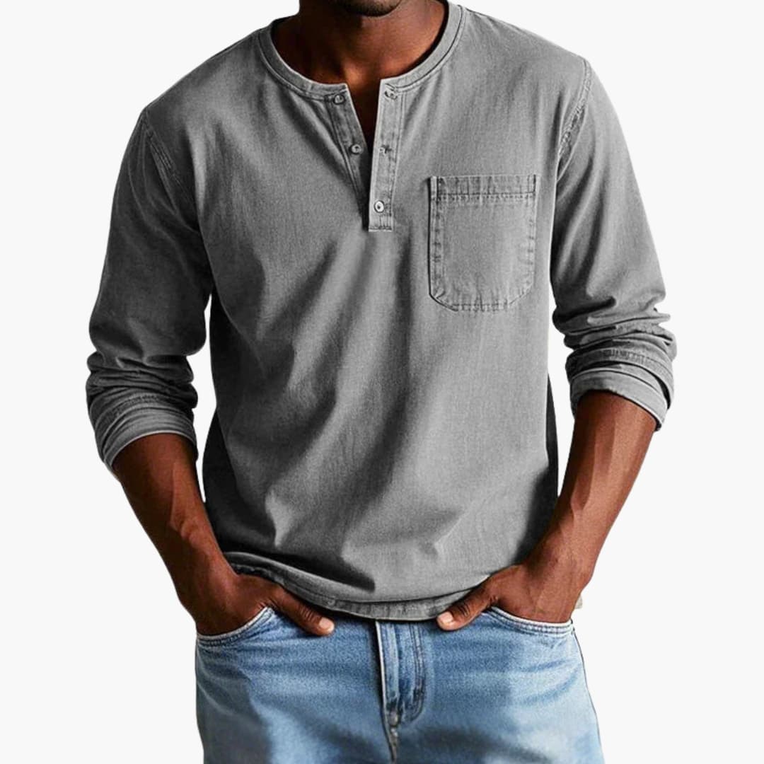 Camiseta hombre | manga larga con cuello redondo y bolsillo frontal