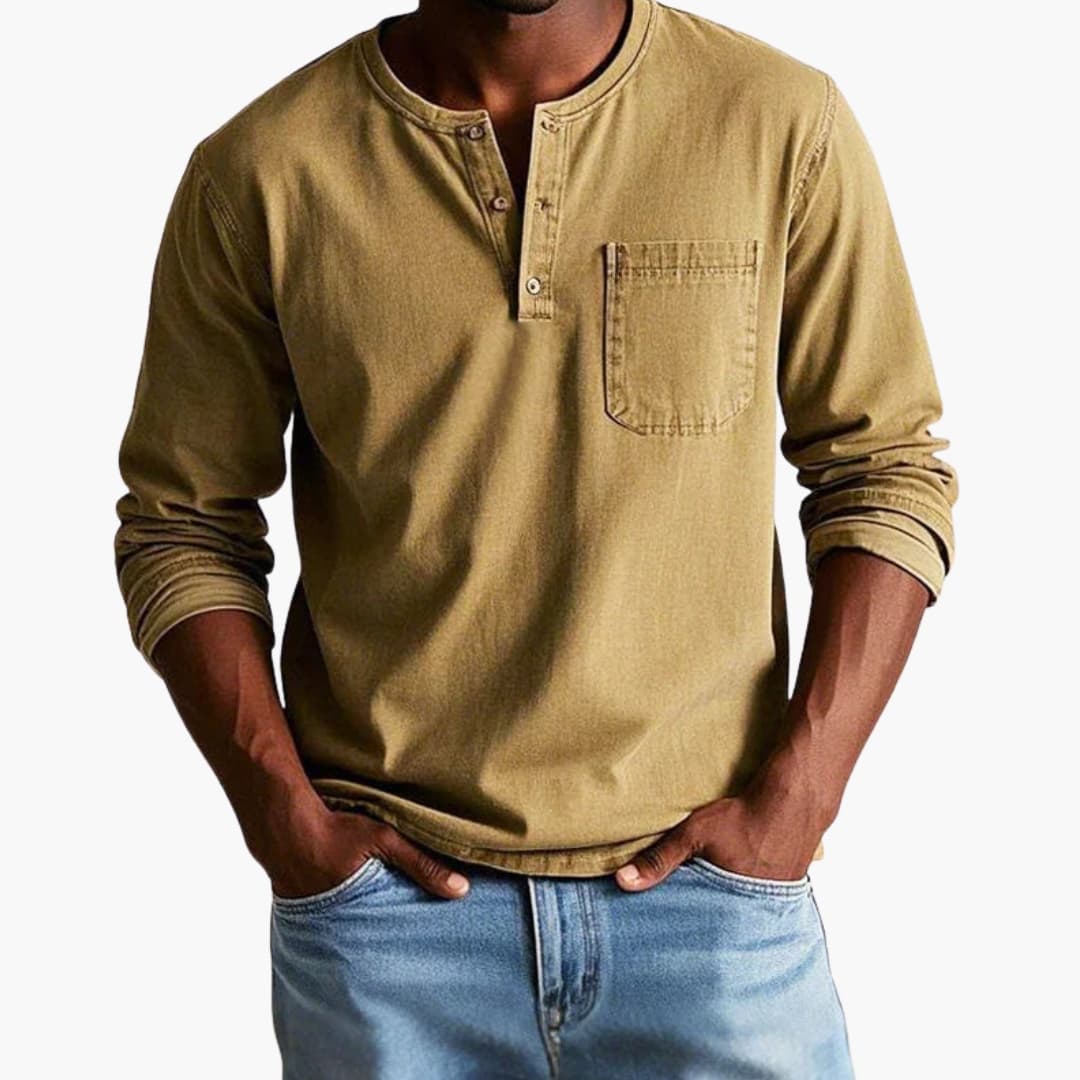 Camiseta hombre | manga larga con cuello redondo y bolsillo frontal