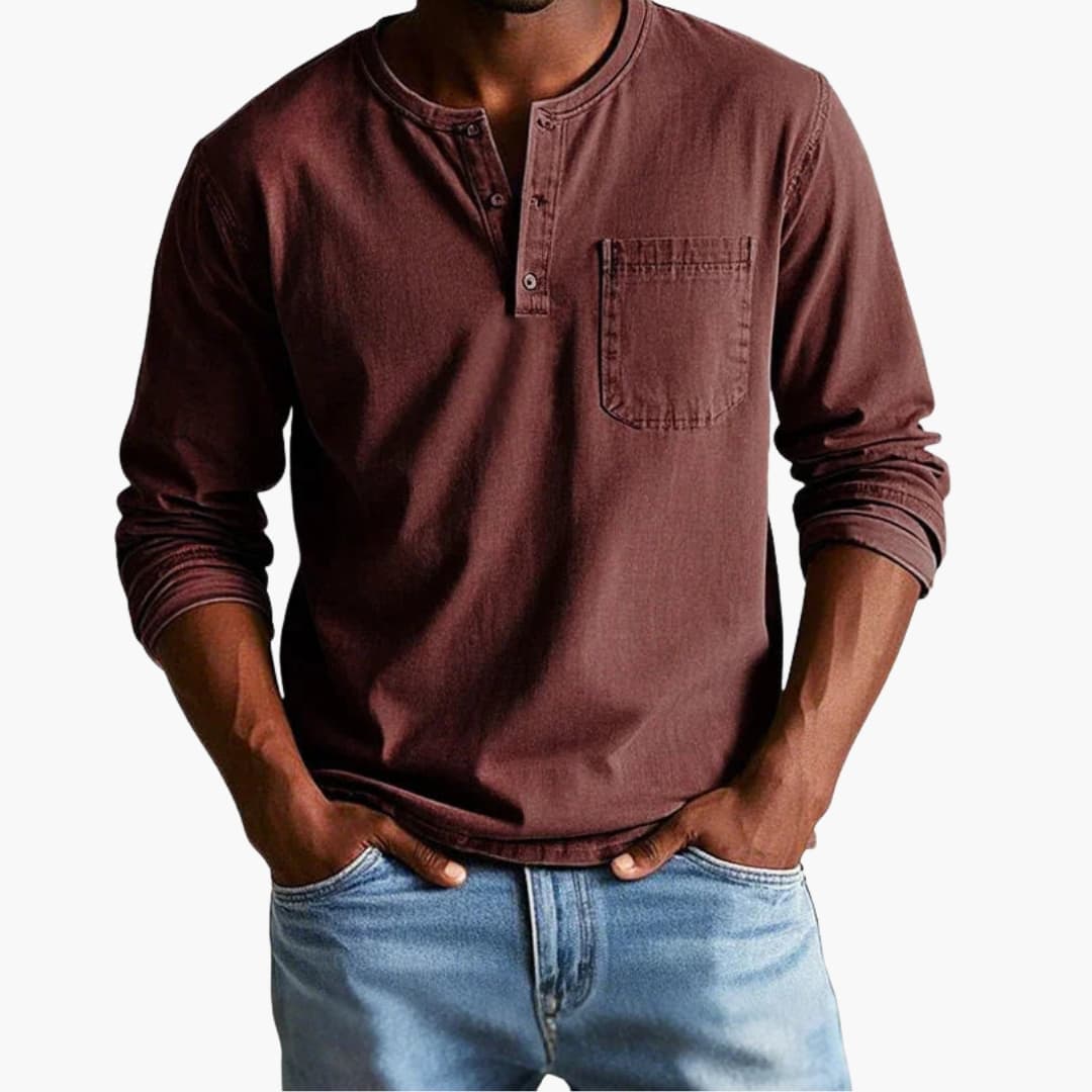 Camiseta hombre | manga larga con cuello redondo y bolsillo frontal