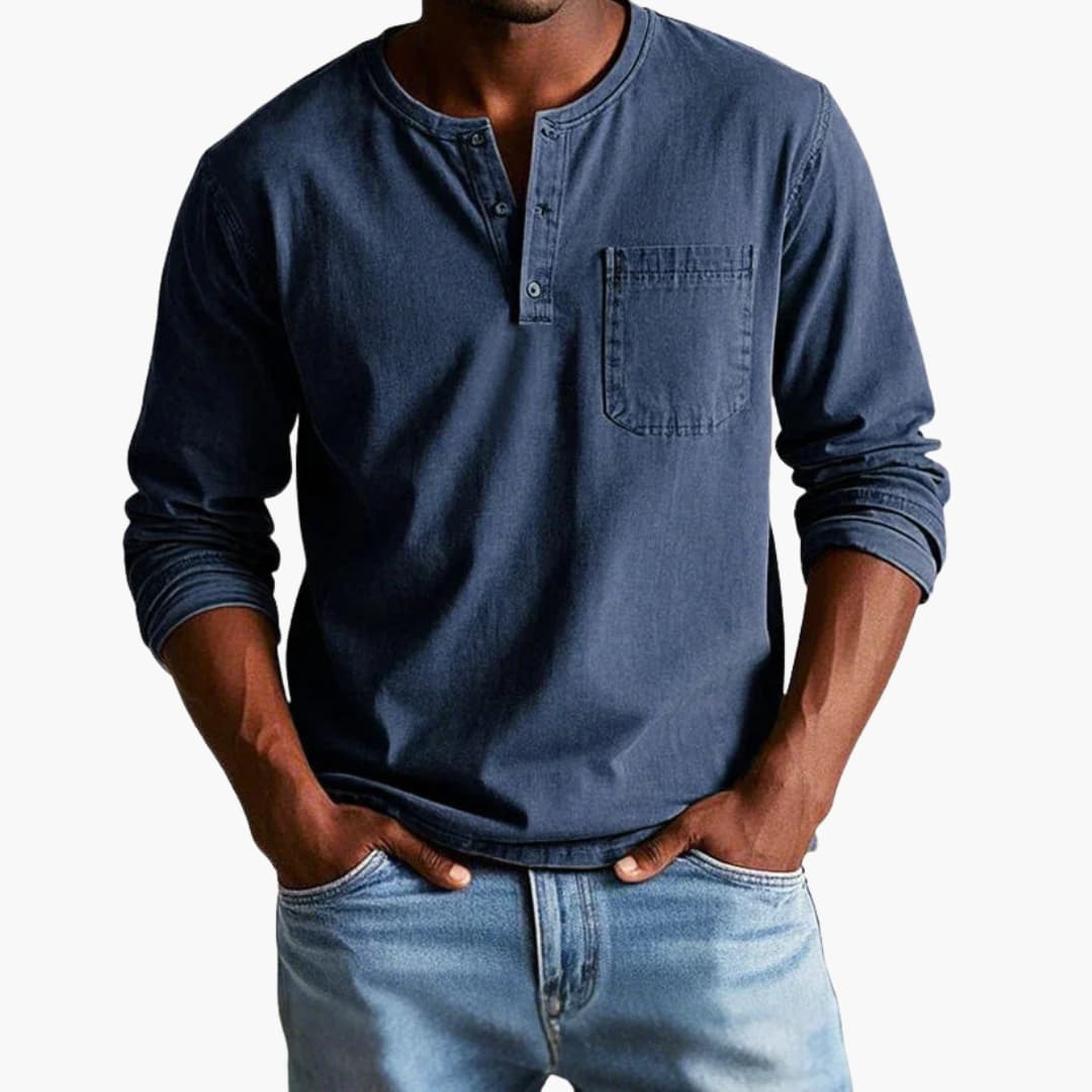 Camiseta hombre | manga larga con cuello redondo y bolsillo frontal