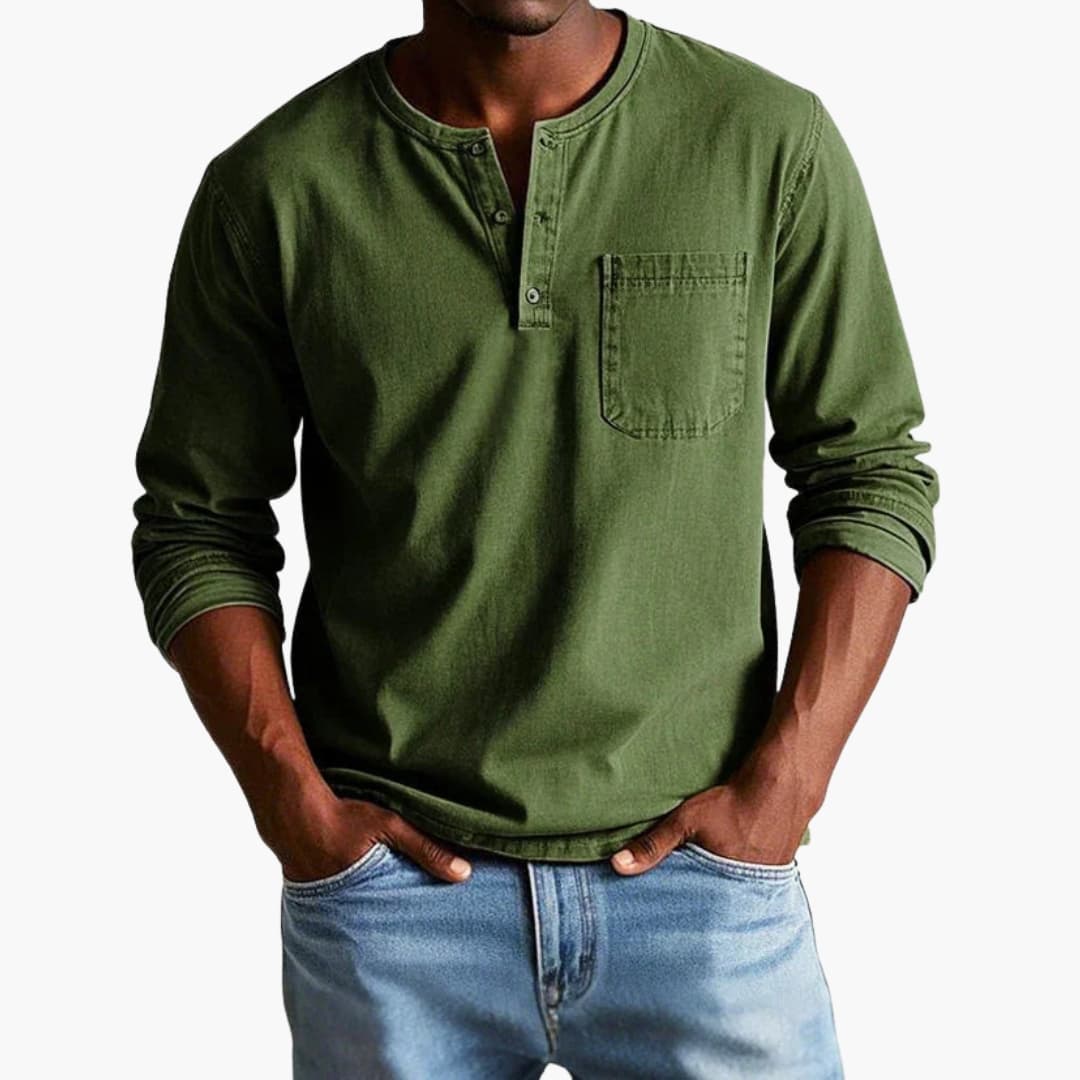 Camiseta hombre | manga larga con cuello redondo y bolsillo frontal